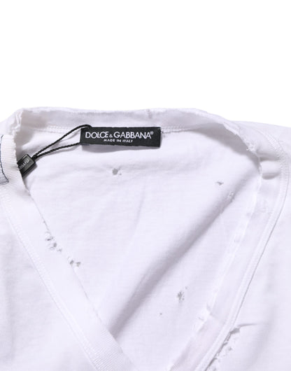 Dolce &amp; Gabbana – Weißes T-Shirt aus Baumwolle mit V-Ausschnitt im Used-Look für Herren