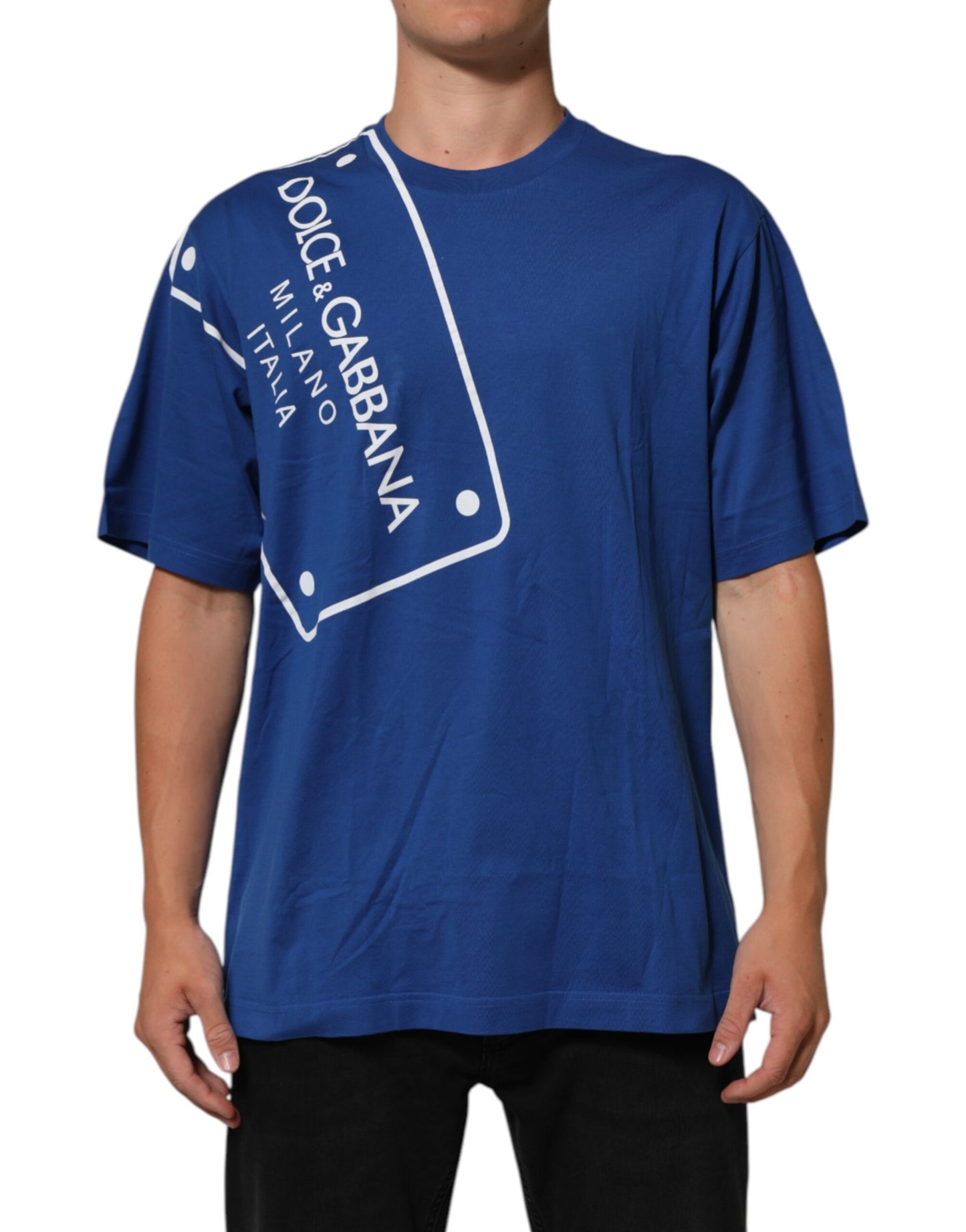 Dolce &amp; Gabbana – Blaues Herren-T-Shirt aus Baumwolle mit Rundhalsausschnitt und Logodruck