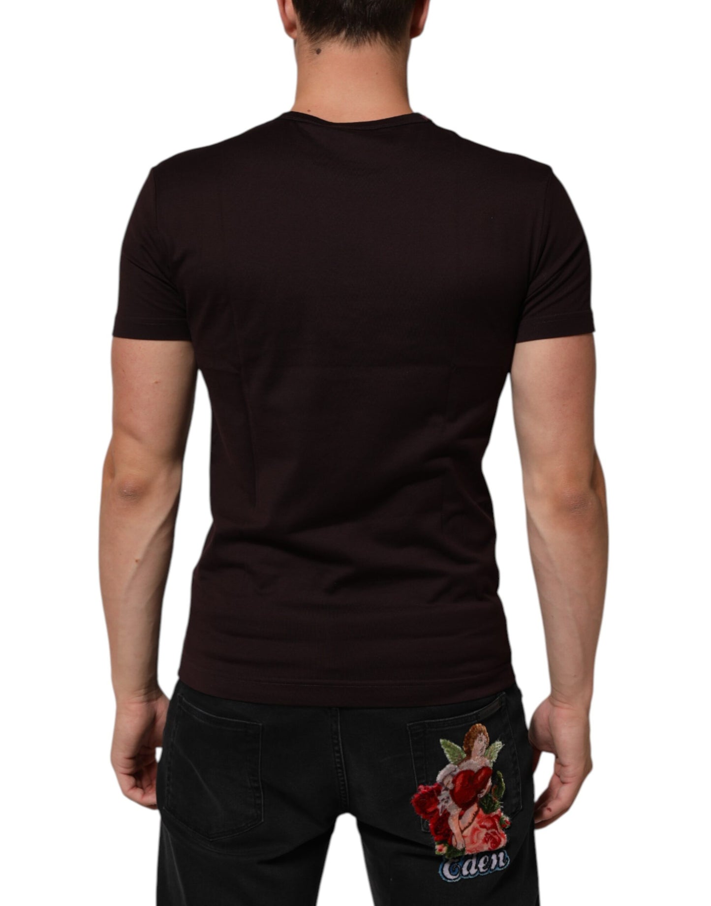 Dolce &amp; Gabbana – Braunes T-Shirt aus Baumwolle mit Rundhalsausschnitt und Logo-Plakette