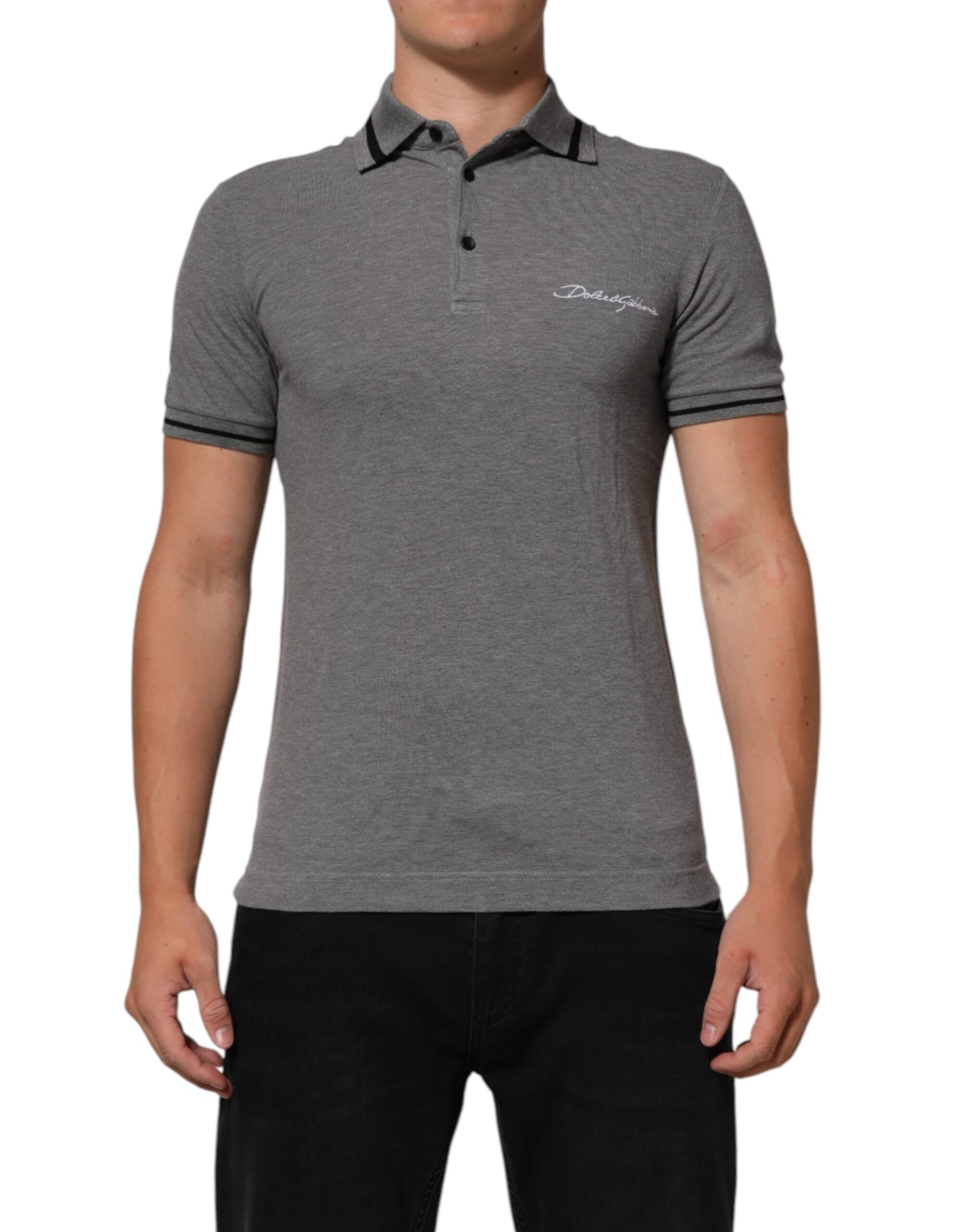 Dolce &amp; Gabbana – Graues Poloshirt mit Logo-Stickerei und Kragen