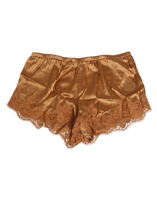 Dolce &amp; Gabbana – Unterwäsche-Shorts aus braunem Seidensatin mit Blumenspitze
