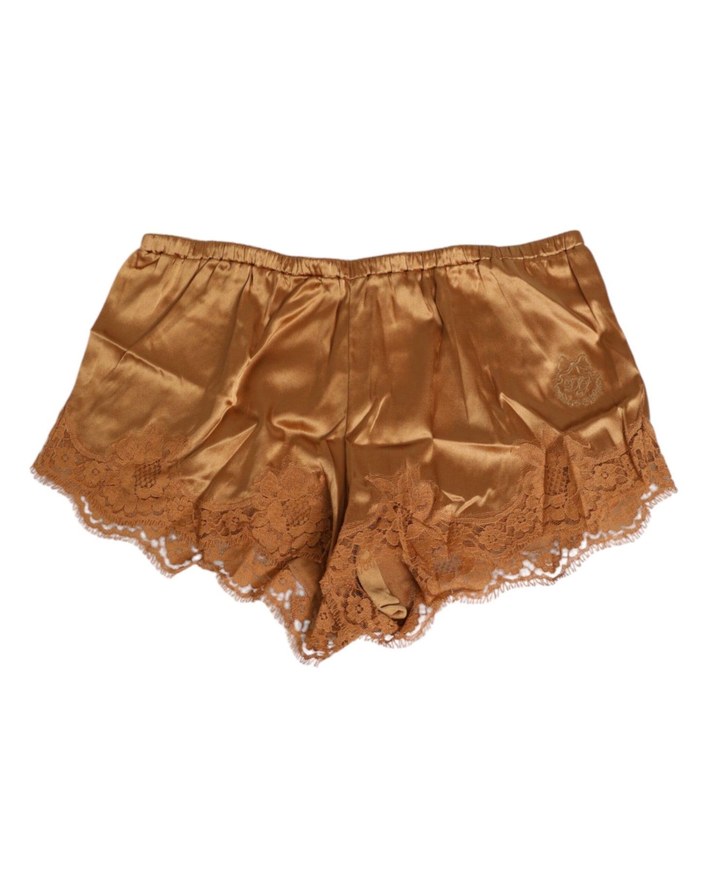 Dolce &amp; Gabbana – Unterwäsche-Shorts aus braunem Seidensatin mit Blumenspitze
