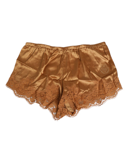 Dolce &amp; Gabbana – Unterwäsche-Shorts aus braunem Seidensatin mit Blumenspitze