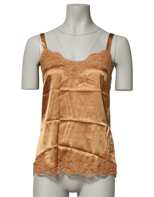 Dolce &amp; Gabbana – Tanktop aus Seidensatin mit Blumenspitze in Braun