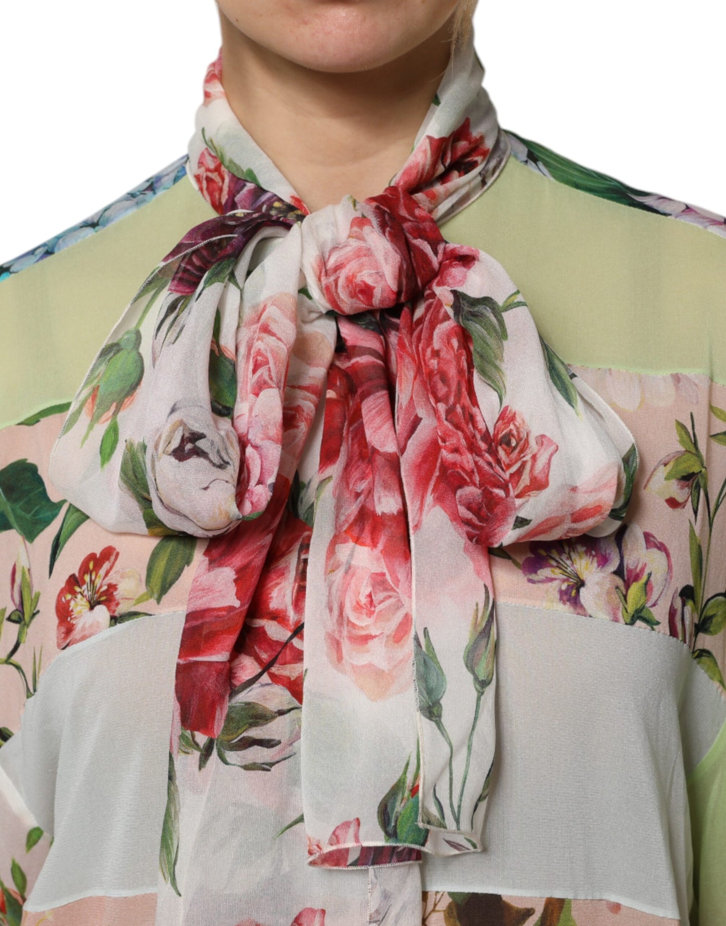 Dolce & Gabbana Multicolor Floral Patchwork Silk Ascot Collar Top
