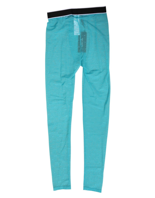 Dolce &amp; Gabbana Hellblaue Nylon-Leggings mit Logo und Spitze, Unterwäsche