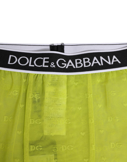 Dolce &amp; Gabbana Neongrüne Nylon-Leggings mit Logo und Spitze, Unterwäsche