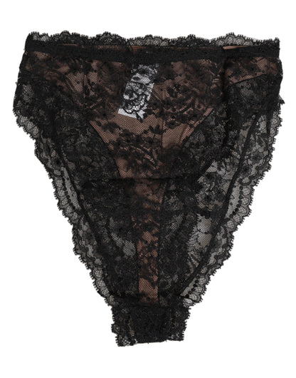Dolce &amp; Gabbana – Schwarze, florale Spitzen-Unterhose aus Netzstoff