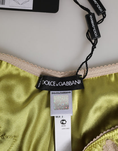Dolce &amp; Gabbana – Grüne Seidensatin-Höschen mit floralem Spitzenbesatz