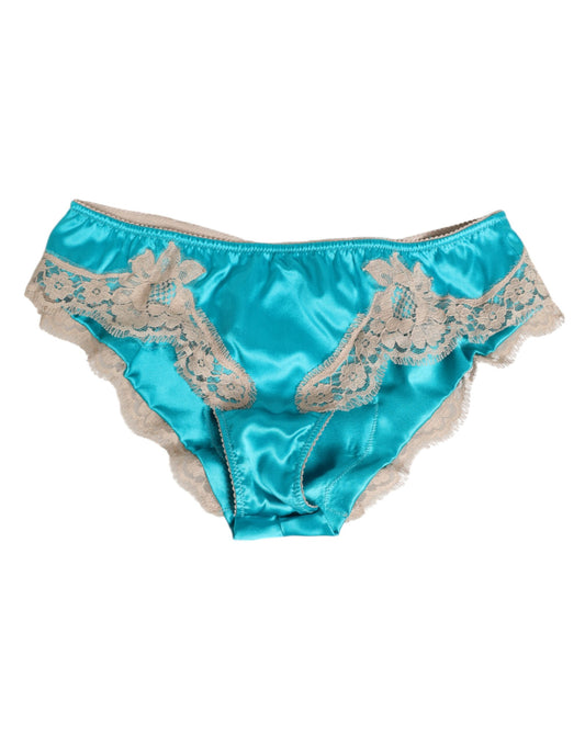 Dolce &amp; Gabbana, blauer Seidensatin, floraler Spitzenbesatz, neuer Slip
