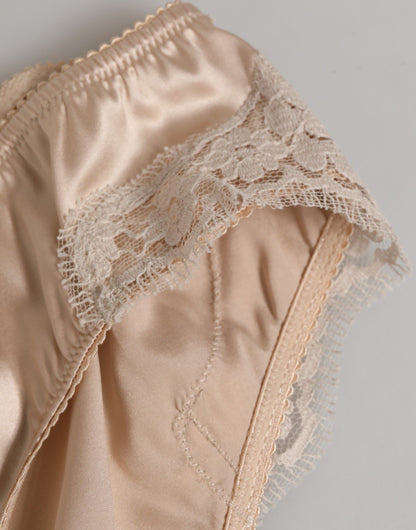 Dolce &amp; Gabbana Beige Seidensatin Blumenspitze Slip Slip Unterwäsche