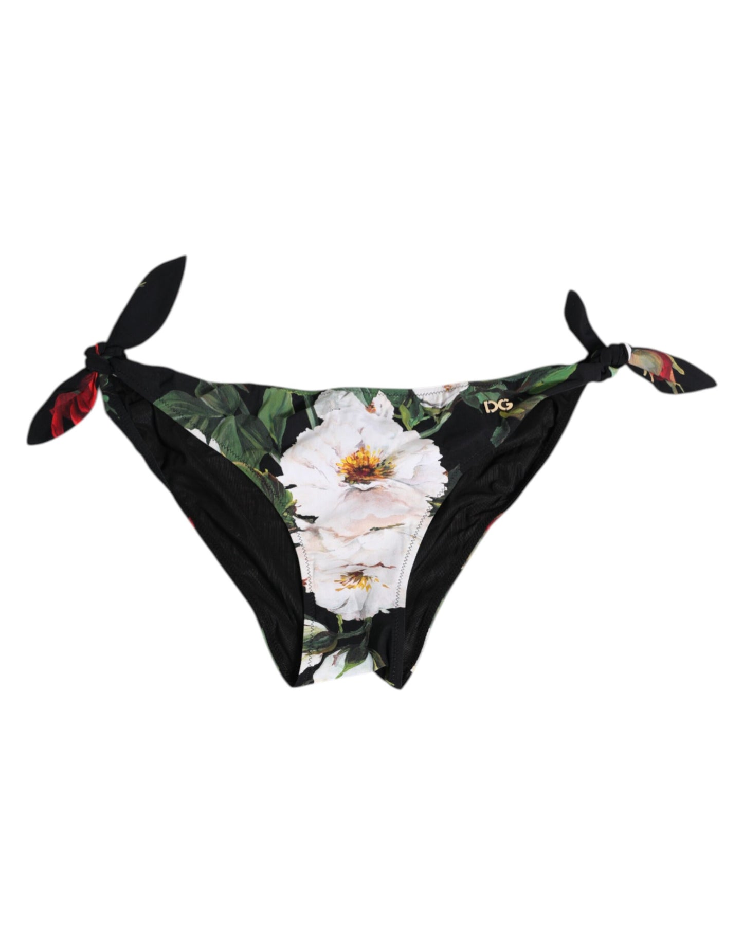 Dolce &amp; Gabbana – Schwarze Bikinihose mit seitlicher Schnürung und Blumenmuster