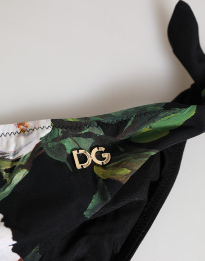 Dolce &amp; Gabbana – Schwarze Bikinihose mit seitlicher Schnürung und Blumenmuster