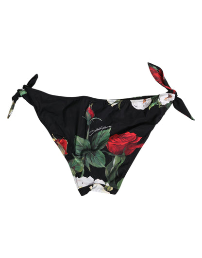 Dolce &amp; Gabbana – Schwarze Bikinihose mit seitlicher Schnürung und Blumenmuster