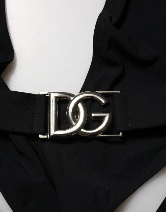 Dolce &amp; Gabbana – Schwarzer Nylon-Badeanzug mit tiefem V-Ausschnitt