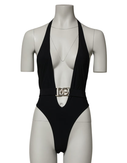 Dolce & Gabbana Black Nylon Deep V-Neck One Piece Swimwear
