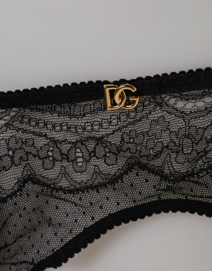 Dolce &amp; Gabbana – Schwarze Strumpfhose mit Blumenspitze und Nylonriemen