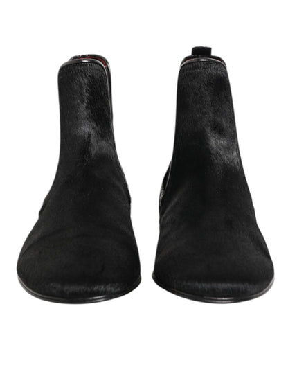 Dolce &amp; Gabbana Schwarzes Leder Pelz Männer CHELSEA Stiefel Schuhe