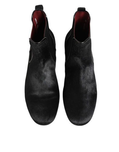 Dolce &amp; Gabbana Schwarzes Leder Pelz Männer CHELSEA Stiefel Schuhe