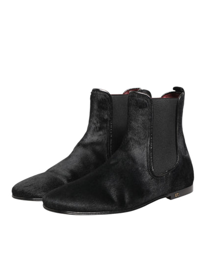 Dolce &amp; Gabbana Schwarzes Leder Pelz Männer CHELSEA Stiefel Schuhe