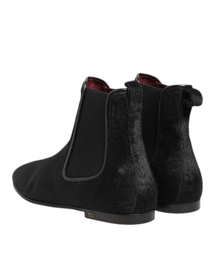 Dolce &amp; Gabbana Schwarzes Leder Pelz Männer CHELSEA Stiefel Schuhe