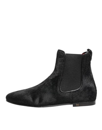 Dolce &amp; Gabbana Schwarzes Leder Pelz Männer CHELSEA Stiefel Schuhe