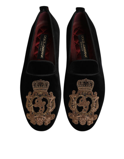 Dolce &amp; Gabbana Herren-Loafer aus schwarzem Samt mit goldener Krone