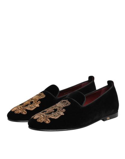 Dolce &amp; Gabbana Herren-Loafer aus schwarzem Samt mit goldener Krone