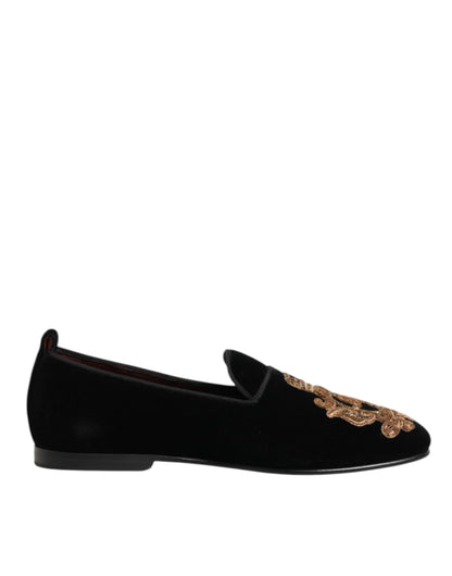 Dolce &amp; Gabbana Herren-Loafer aus schwarzem Samt mit goldener Krone