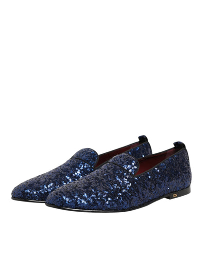 Dolce &amp; Gabbana Blaue Loafer mit Pailletten Hausschuhe Herren Abendschuhe