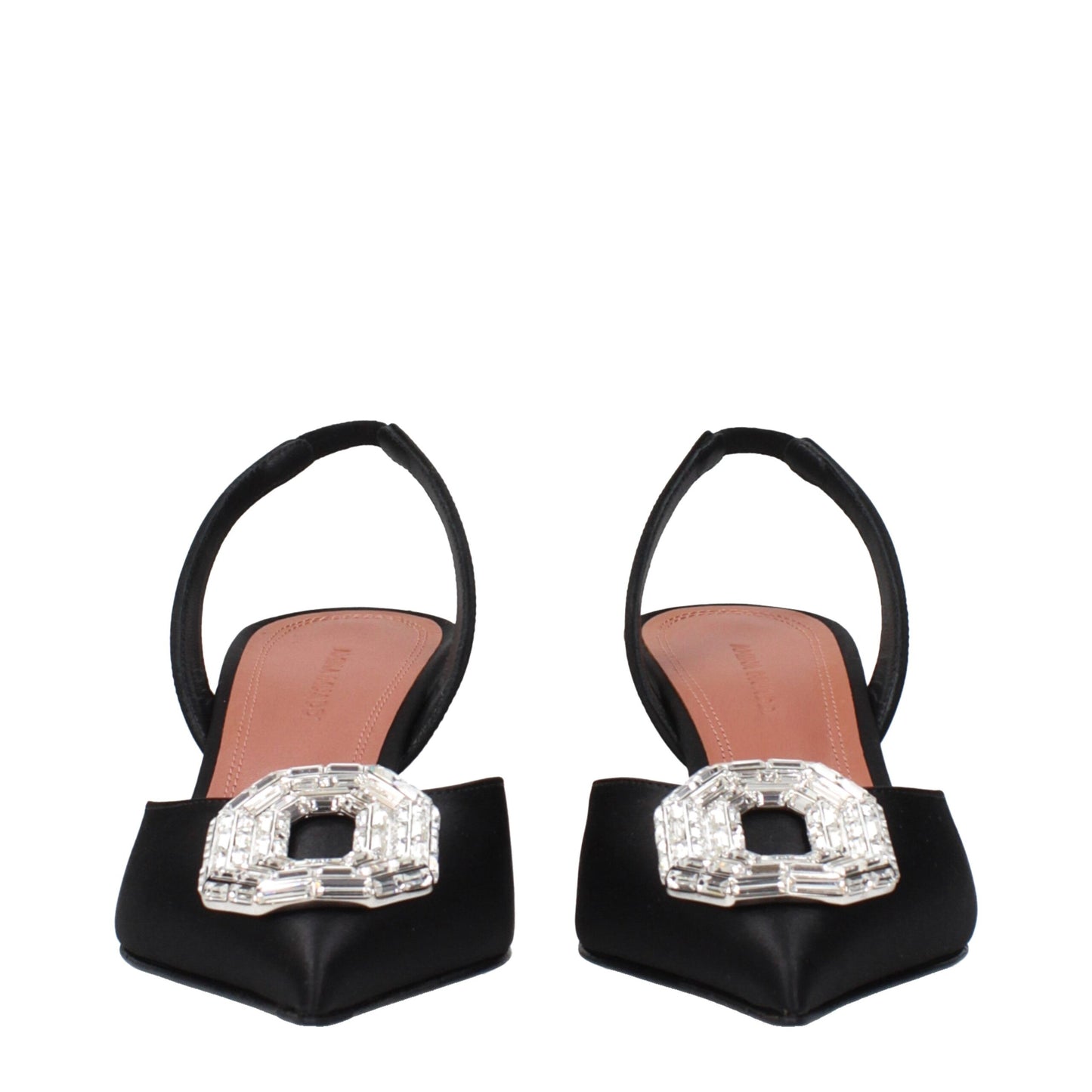 Amina Muaddi – Schwarze Satin-Sandalen mit Stilettoabsatz