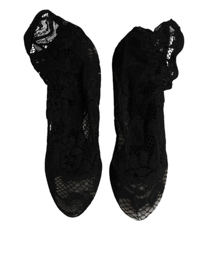 Dolce &amp; Gabbana – Schwarze, wadenhohe Stiefel mit Stretch-Absatz aus Spitze