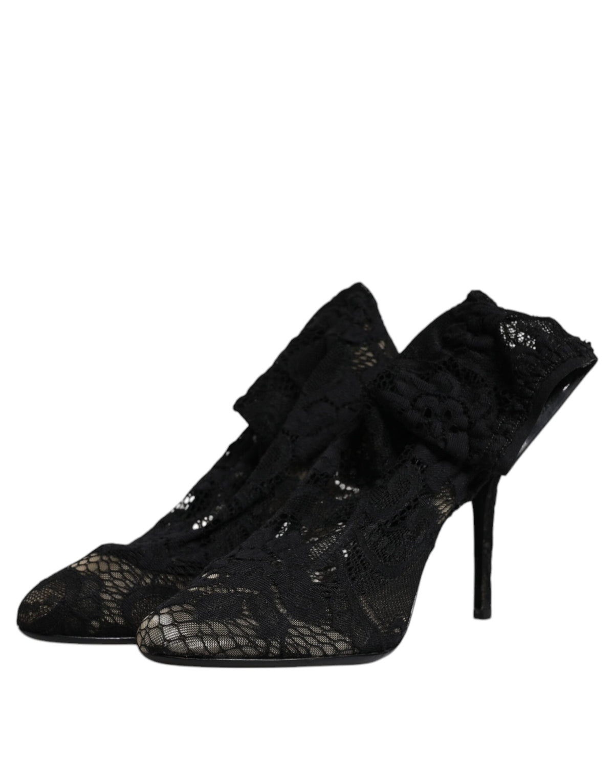 Dolce &amp; Gabbana – Schwarze, wadenhohe Stiefel mit Stretch-Absatz aus Spitze