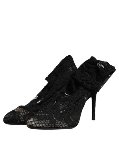 Dolce &amp; Gabbana – Schwarze, wadenhohe Stiefel mit Stretch-Absatz aus Spitze