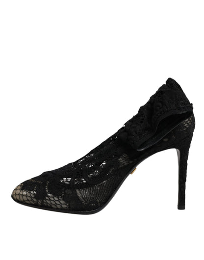Dolce &amp; Gabbana – Schwarze, wadenhohe Stiefel mit Stretch-Absatz aus Spitze
