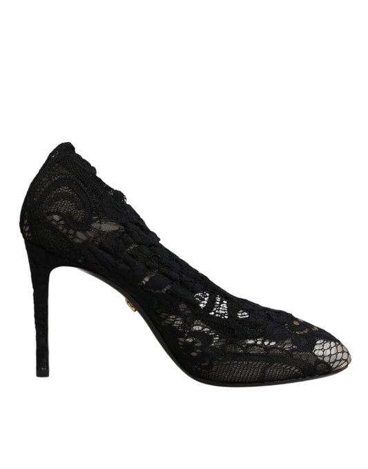 Dolce &amp; Gabbana – Schwarze, wadenhohe Stiefel mit Stretch-Absatz aus Spitze
