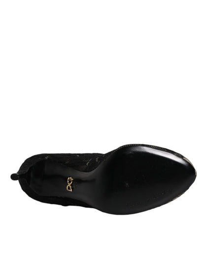 Dolce &amp; Gabbana – Schwarze, wadenhohe Stiefel mit Stretch-Absatz aus Spitze