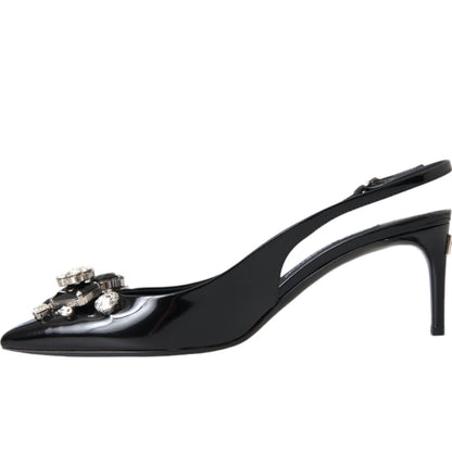 Dolce &amp; Gabbana – Slingback-Schuhe aus schwarzem Lackleder mit Kristallen