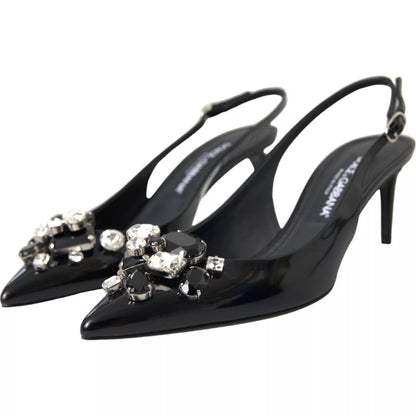 Dolce &amp; Gabbana – Slingback-Schuhe aus schwarzem Lackleder mit Kristallen