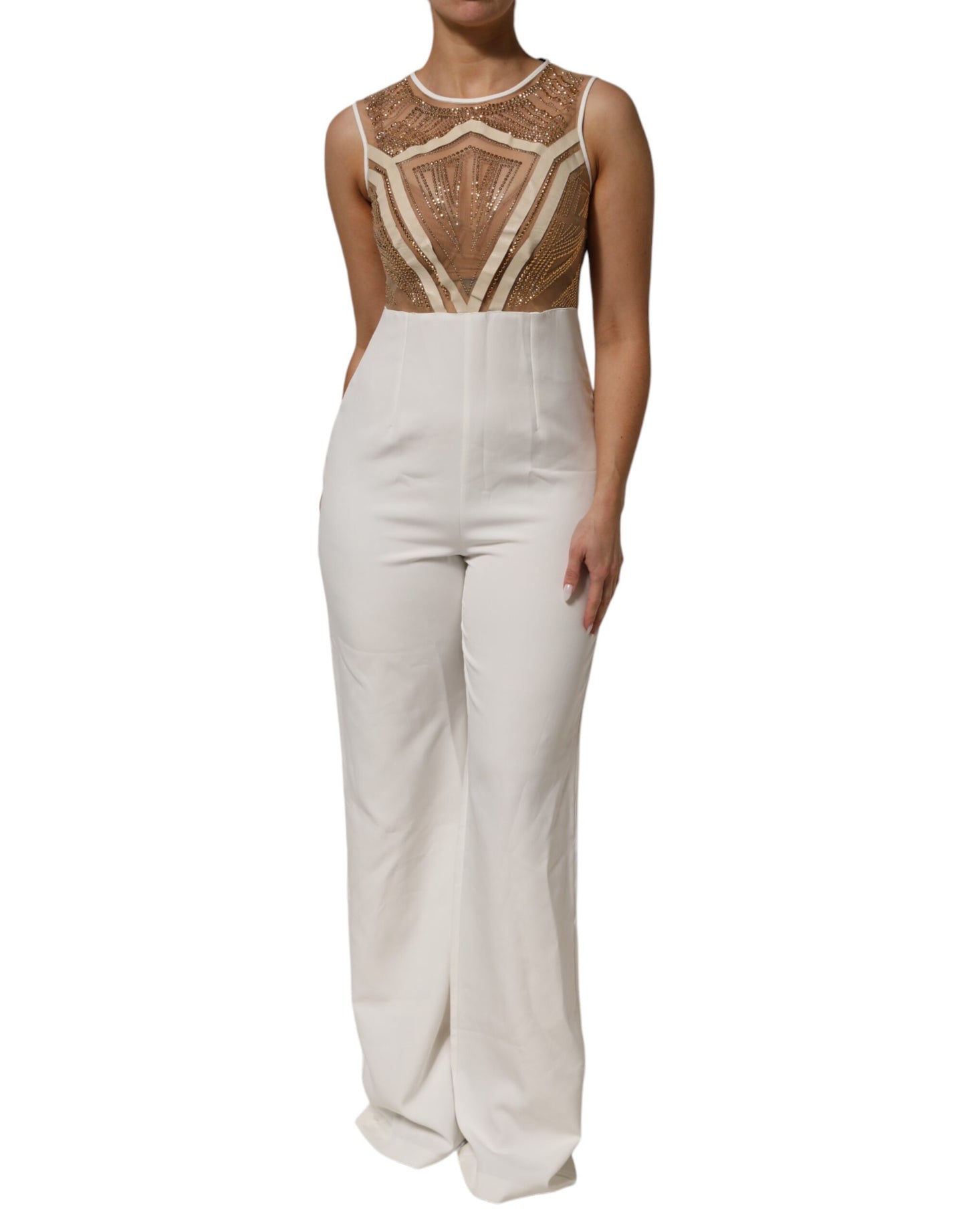 Mangano – Ärmelloser Jumpsuit aus Netzstoff mit Kristallverzierung in Weiß und Beige