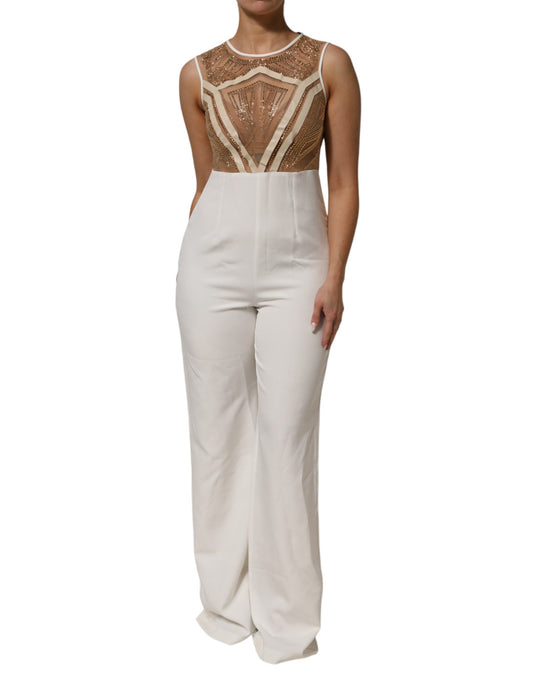 Mangano – Ärmelloser Jumpsuit aus Netzstoff mit Kristallverzierung in Weiß und Beige