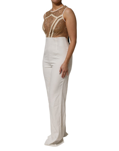 Mangano – Ärmelloser Jumpsuit aus Netzstoff mit Kristallverzierung in Weiß und Beige