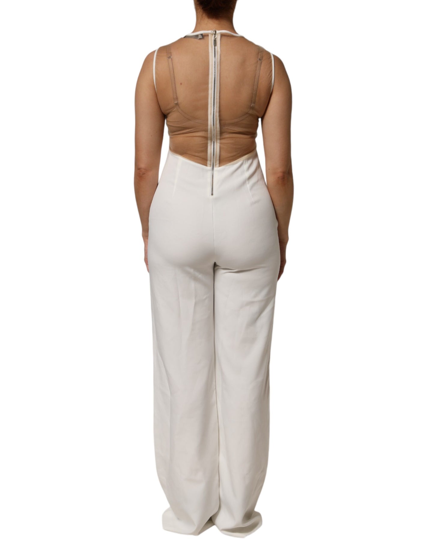 Mangano – Ärmelloser Jumpsuit aus Netzstoff mit Kristallverzierung in Weiß und Beige