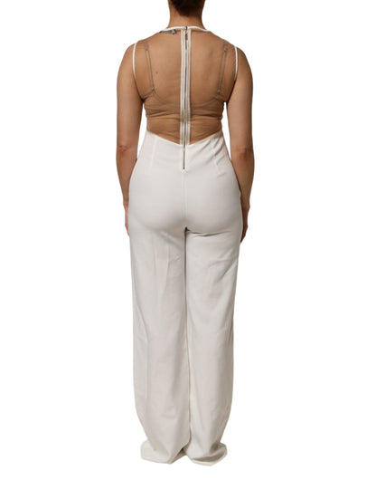 Mangano – Ärmelloser Jumpsuit aus Netzstoff mit Kristallverzierung in Weiß und Beige