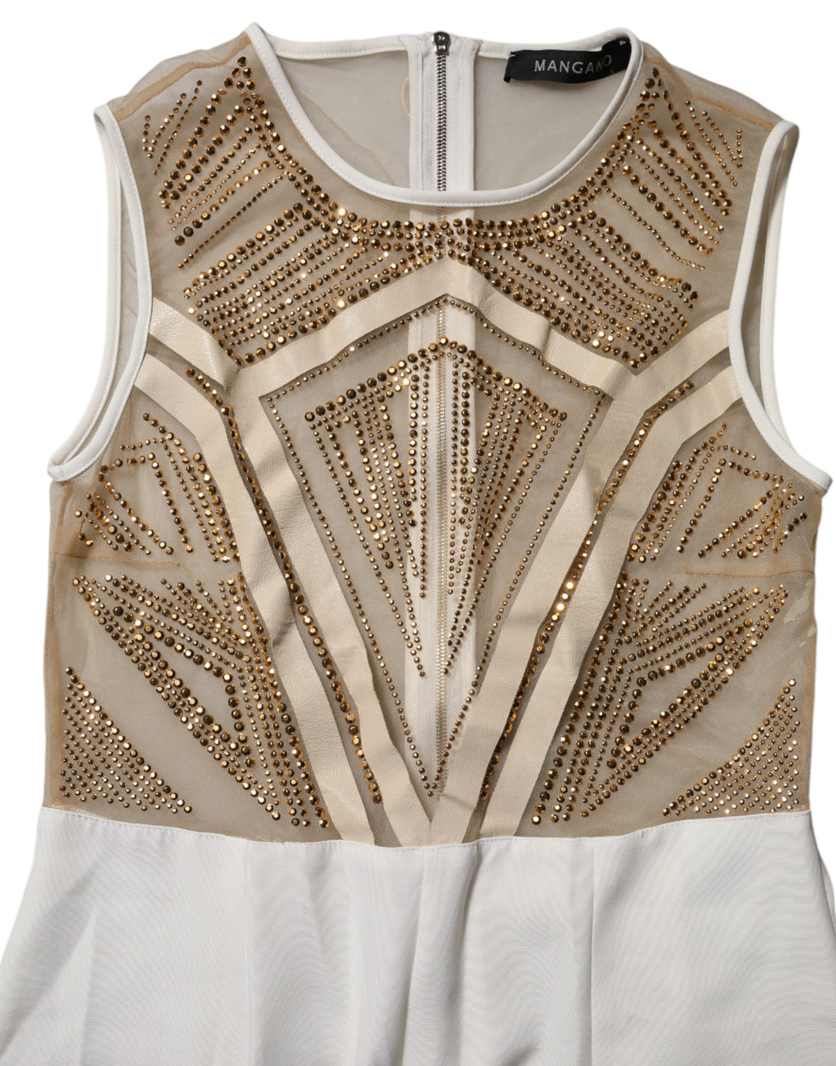 Mangano – Ärmelloser Jumpsuit aus Netzstoff mit Kristallverzierung in Weiß und Beige