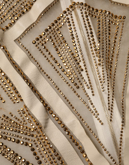 Mangano – Ärmelloser Jumpsuit aus Netzstoff mit Kristallverzierung in Weiß und Beige