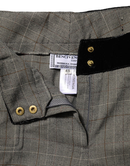 BENCIVENGA – Graue, karierte Hose aus Wollmischung mit geradem Bein und Samtbund