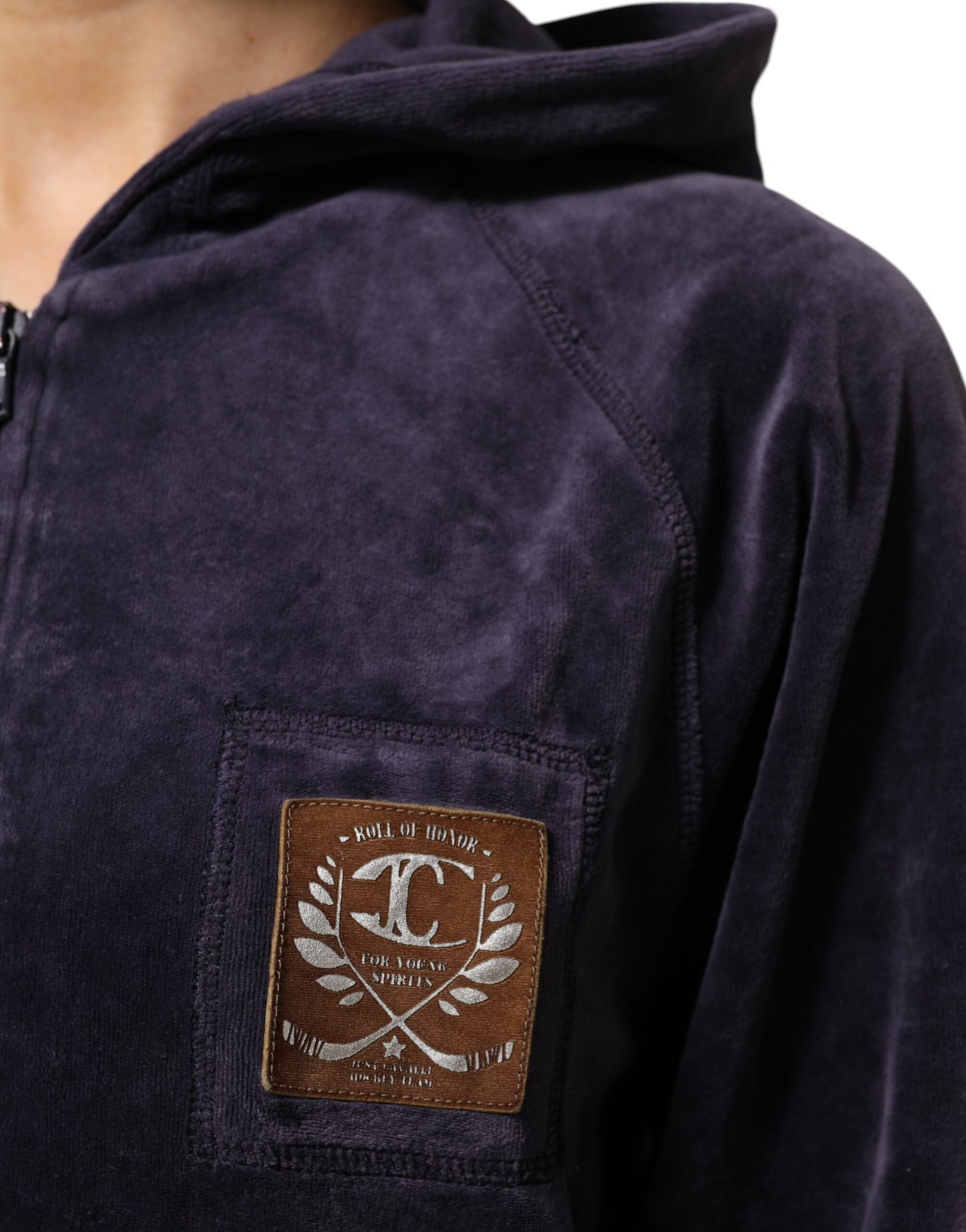 Cavalli Class Lila Baumwollmischung Samt Kapuzenpullover Sweatshirt Pullover mit Reißverschluss