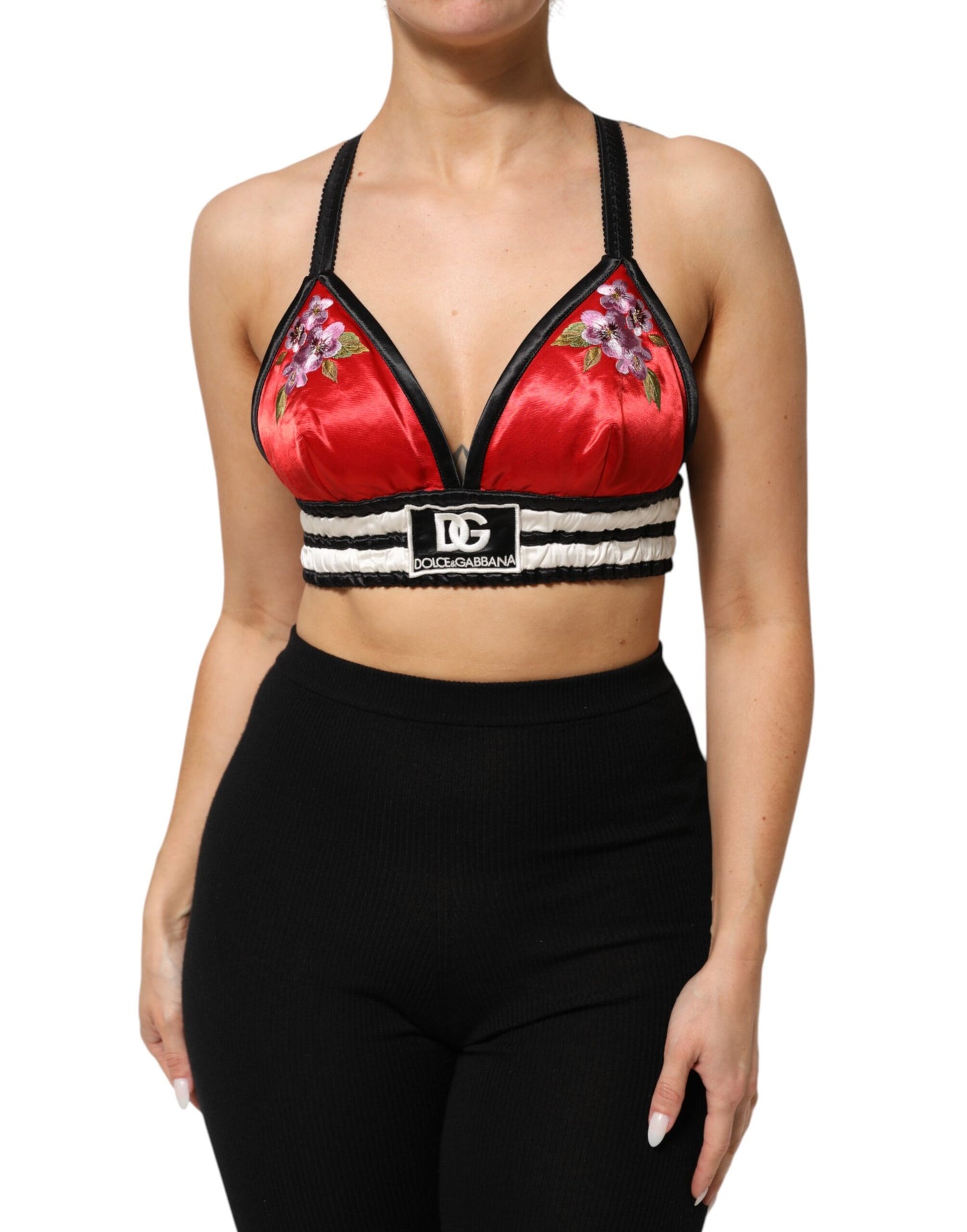 Dolce &amp; Gabbana – Rotes, floral besticktes Bralette-Crop-Top aus Satin