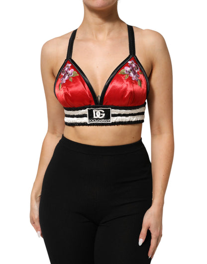 Dolce &amp; Gabbana – Rotes, floral besticktes Bralette-Crop-Top aus Satin